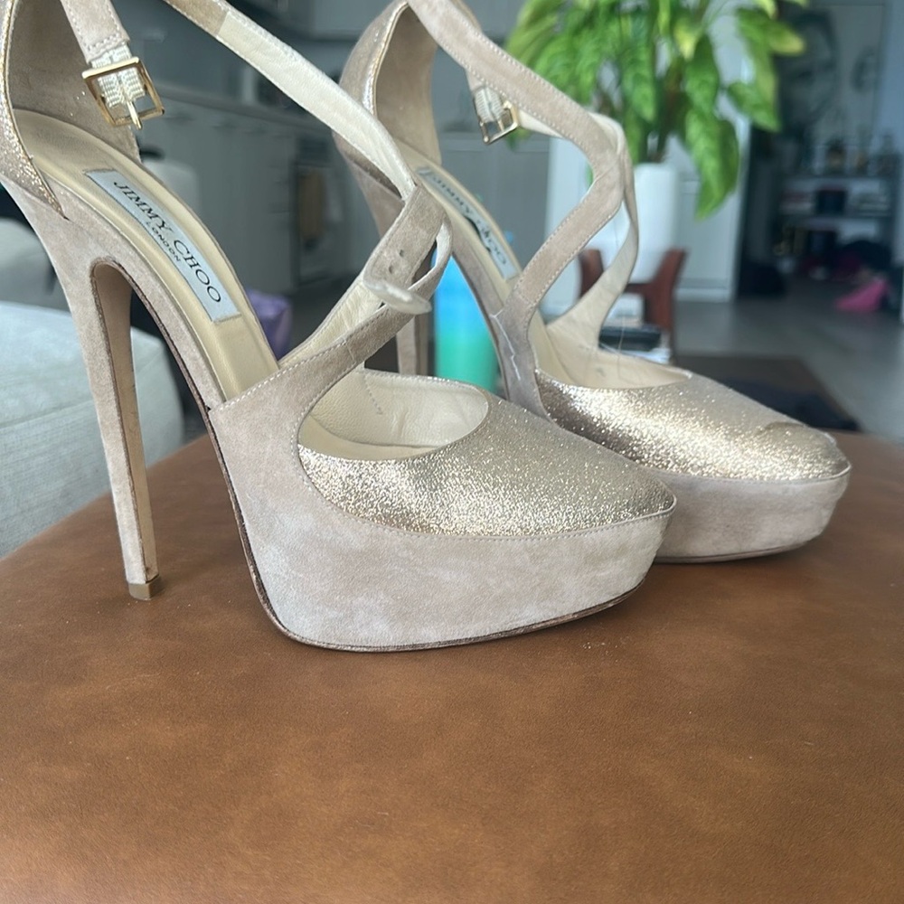 Jimmy Choo Gold and Tan Stiletto Heels